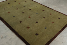Load image into Gallery viewer, Hand Woven Wool Area Rug Olive Green Brown Geometric Squares 62 x 96
