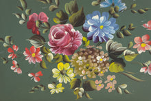 Load image into Gallery viewer, Vintage Toleware Floral Serving Tray Hand Painted Metal Green Large 22 x 16
