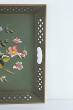 Load image into Gallery viewer, Vintage Toleware Floral Serving Tray Hand Painted Metal Green Large 22 x 16
