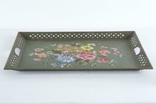 Load image into Gallery viewer, Vintage Toleware Floral Serving Tray Hand Painted Metal Green Large 22 x 16
