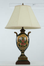 Load image into Gallery viewer, Hand-Painted Porcelain Urn Table Lamp – Green &amp; Gold Floral with Wood Base, 30” Tall
