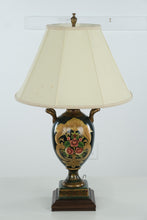 Load image into Gallery viewer, Hand-Painted Porcelain Urn Table Lamp – Green &amp; Gold Floral with Wood Base, 30” Tall
