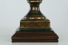 Load image into Gallery viewer, Hand-Painted Porcelain Urn Table Lamp – Green &amp; Gold Floral with Wood Base, 30” Tall
