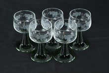 Load image into Gallery viewer, Vintage Green Roemer Wine Glasses Set of 5 Grape Etched Ribbed Stem
