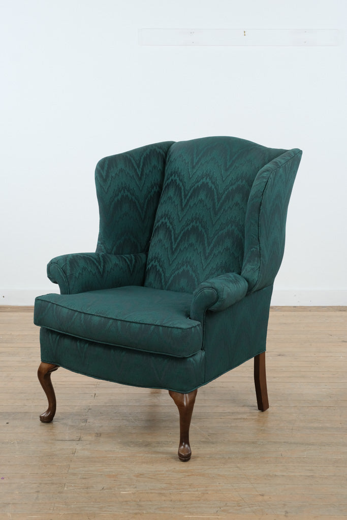 Elegant Emerald Wingback Armchair with Queen Anne Legs