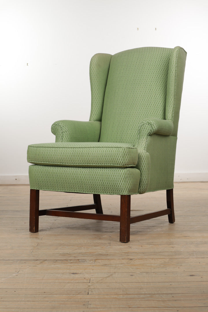 Bright Green Wingback Chair with Woven Upholstery Pattern