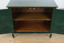 Load image into Gallery viewer, Hollywood Regency Solid Walnut Bar Cabinet in Green Lacquer with Gilt Trim
