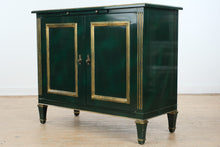 Load image into Gallery viewer, Hollywood Regency Solid Walnut Bar Cabinet in Green Lacquer with Gilt Trim
