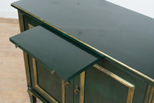 Load image into Gallery viewer, Hollywood Regency Solid Walnut Bar Cabinet in Green Lacquer with Gilt Trim
