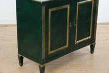 Load image into Gallery viewer, Hollywood Regency Solid Walnut Bar Cabinet in Green Lacquer with Gilt Trim
