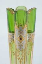 Load image into Gallery viewer, Antique Moser Attributed Bohemian Green Pink Art Glass Jeweled Stick Vase 6 5
