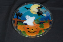 Load image into Gallery viewer, Peggy Karr Halloween Fused Glass Dessert Plate Ghost Pumpkin Witch 7.75 Inch
