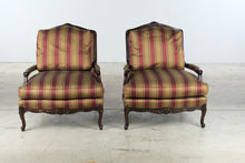 Load image into Gallery viewer, Pair of Hancock and Moore Mahogany Lounge Chairs with Striped Upholstery
