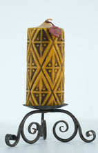 Load image into Gallery viewer, Mid-Century German “Handarbeit” Carved Wax Pillar Candle on Wrought Iron Stand – Artisan 100-Jahre Seal (9.5")

