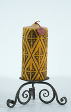 Load image into Gallery viewer, Mid-Century German “Handarbeit” Carved Wax Pillar Candle on Wrought Iron Stand – Artisan 100-Jahre Seal (9.5")
