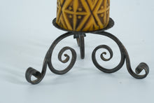Load image into Gallery viewer, Mid-Century German “Handarbeit” Carved Wax Pillar Candle on Wrought Iron Stand – Artisan 100-Jahre Seal (9.5")
