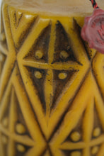 Load image into Gallery viewer, Mid-Century German “Handarbeit” Carved Wax Pillar Candle on Wrought Iron Stand – Artisan 100-Jahre Seal (9.5")
