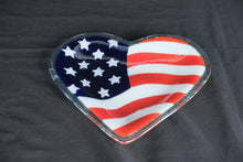 Load image into Gallery viewer, Peggy Karr American Flag Heart Fused Glass Dish Patriotic Art Glass 10.5 Inch
