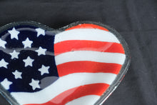 Load image into Gallery viewer, Peggy Karr American Flag Heart Fused Glass Dish Patriotic Art Glass 10.5 Inch
