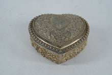 Load image into Gallery viewer, Vintage Silver-Plated Heart Shaped Jewelry Trinket Box with Blue Velvet Lining – Ornate Floral Design
