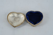 Load image into Gallery viewer, Vintage Silver-Plated Heart Shaped Jewelry Trinket Box with Blue Velvet Lining – Ornate Floral Design
