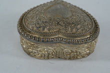 Load image into Gallery viewer, Vintage Silver-Plated Heart Shaped Jewelry Trinket Box with Blue Velvet Lining – Ornate Floral Design
