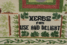 Load image into Gallery viewer, Framed Herbs for Use and Delight Needlework Sampler Crewel Embroidery 19x23
