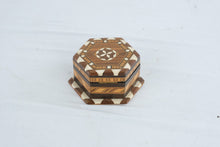 Load image into Gallery viewer, Vintage Hexagonal Wood Inlay Jewelry Trinket Box Mosaic Marquetry Hinged Keepsake
