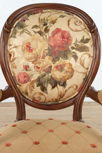 Load image into Gallery viewer, French Louis XV Style Upholstered Accent Chairs Pair Floral Back Tufted Seats
