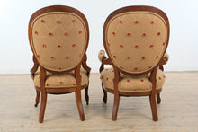 Load image into Gallery viewer, French Louis XV Style Upholstered Accent Chairs Pair Floral Back Tufted Seats
