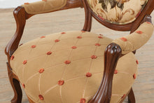 Load image into Gallery viewer, French Louis XV Style Upholstered Accent Chairs Pair Floral Back Tufted Seats
