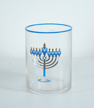 Load image into Gallery viewer, Gentle Hanukkah Menorah Glass Hurricane Candle Holder – Blue &amp; Silver Trim
