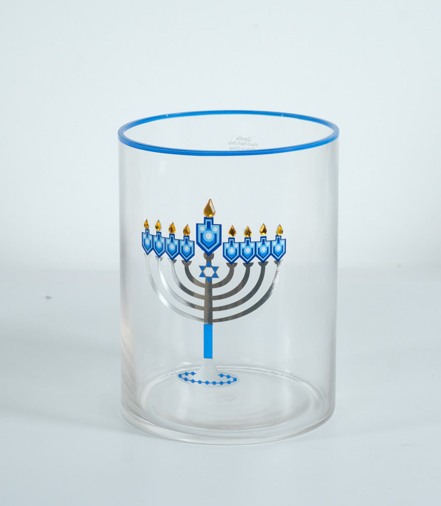 Gentle Hanukkah Menorah Glass Hurricane Candle Holder – Blue & Silver Trim