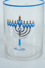 Load image into Gallery viewer, Gentle Hanukkah Menorah Glass Hurricane Candle Holder – Blue &amp; Silver Trim
