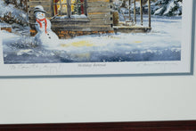 Load image into Gallery viewer, William Mangum Signed Print – “Holiday Retreat” Framed Winter Cabin Scene (Personalized)
