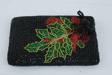 Load image into Gallery viewer, Black Beaded Christmas Clutch Holly Berries Bow Evening Bag 7 by 4
