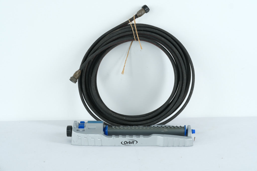 Orbit Adjustable Oscillating Lawn Sprinkler with Rubber Garden Hose – Gray & Blue