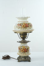 Load image into Gallery viewer, Vintage Electric Hurricane Lamp with Floral Glass Base &amp; Shade – Dual Light Feature (Upper Needs Repair)
