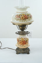 Load image into Gallery viewer, Vintage Electric Hurricane Lamp with Floral Glass Base &amp; Shade – Dual Light Feature (Upper Needs Repair)
