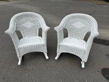 Load image into Gallery viewer, Pair of White Wicker Rocking Chairs – 30&quot; W x 35&quot; D x 35&quot; H (16&quot; Seat Height)
