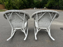 Load image into Gallery viewer, Pair of White Wicker Rocking Chairs – 30&quot; W x 35&quot; D x 35&quot; H (16&quot; Seat Height)
