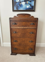 Load image into Gallery viewer, Art Deco Burlwood Chest of Drawers with Sculpted Crest
