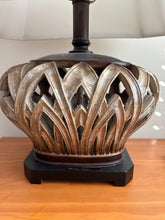 Load image into Gallery viewer, Ornate Carved Metal Table Lamp with Leaf Motif Base &amp; White Shade – Traditional Accent Lighting
