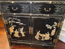 Load image into Gallery viewer, Vintage Chinese Jinlong Black Lacquer Chinoiserie Display Cabinet with Gilt Figures
