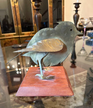 Load image into Gallery viewer, Handcrafted Metal Bird Sculpture on Wood Base | Folk Art Garden Bird | 6” Tall Decor Accent
