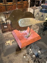 Load image into Gallery viewer, Handcrafted Metal Bird Sculpture on Wood Base | Folk Art Garden Bird | 6” Tall Decor Accent
