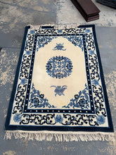 Load image into Gallery viewer, Blue and Ivory Oriental Style Area Rug Floral Medallion Fringe Rug 48 x 66
