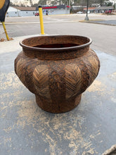 Load image into Gallery viewer, Large Decorative Planter with Woven Reed Panels and Embossed Tribal Motif

