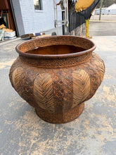 Load image into Gallery viewer, Large Decorative Planter with Woven Reed Panels and Embossed Tribal Motif
