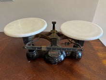 Load image into Gallery viewer, Antique Ohaus Cast Iron Balance Scale with Milk Glass Pans – Apothecary / Laboratory Scale (14” x 6” x 7”)
